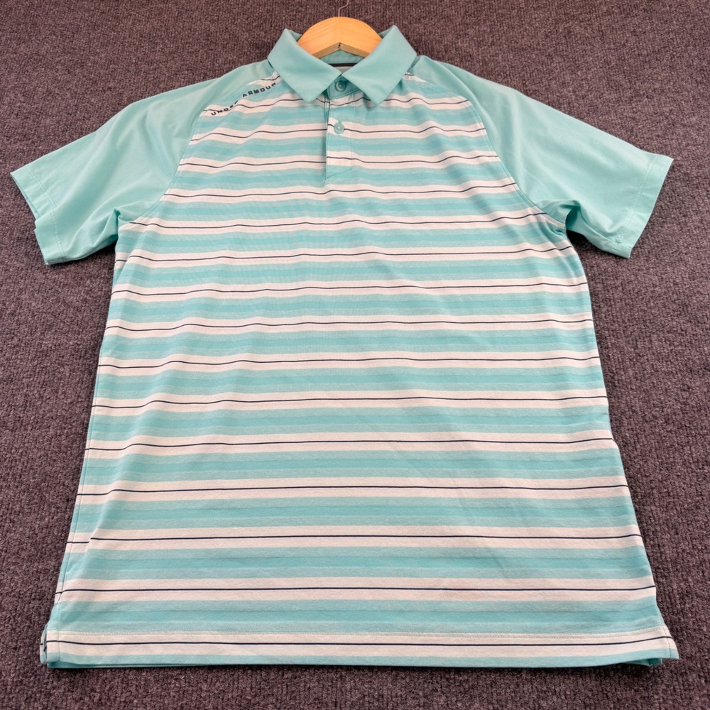 Under Armour Polo Shirt Mens Small Turquoise Striped Excellent HeatGear Loose